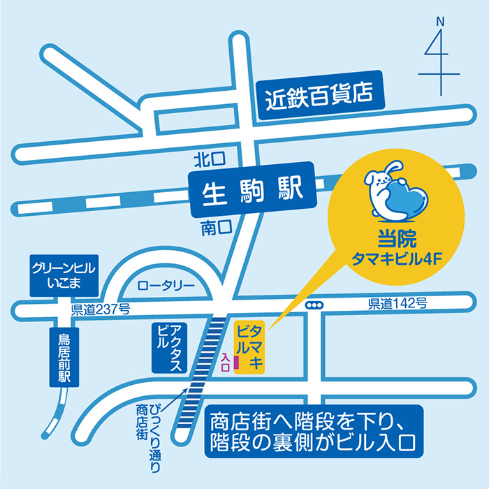 当院への道順マップ（生駒駅南口から徒歩30秒・タマキビル4階）